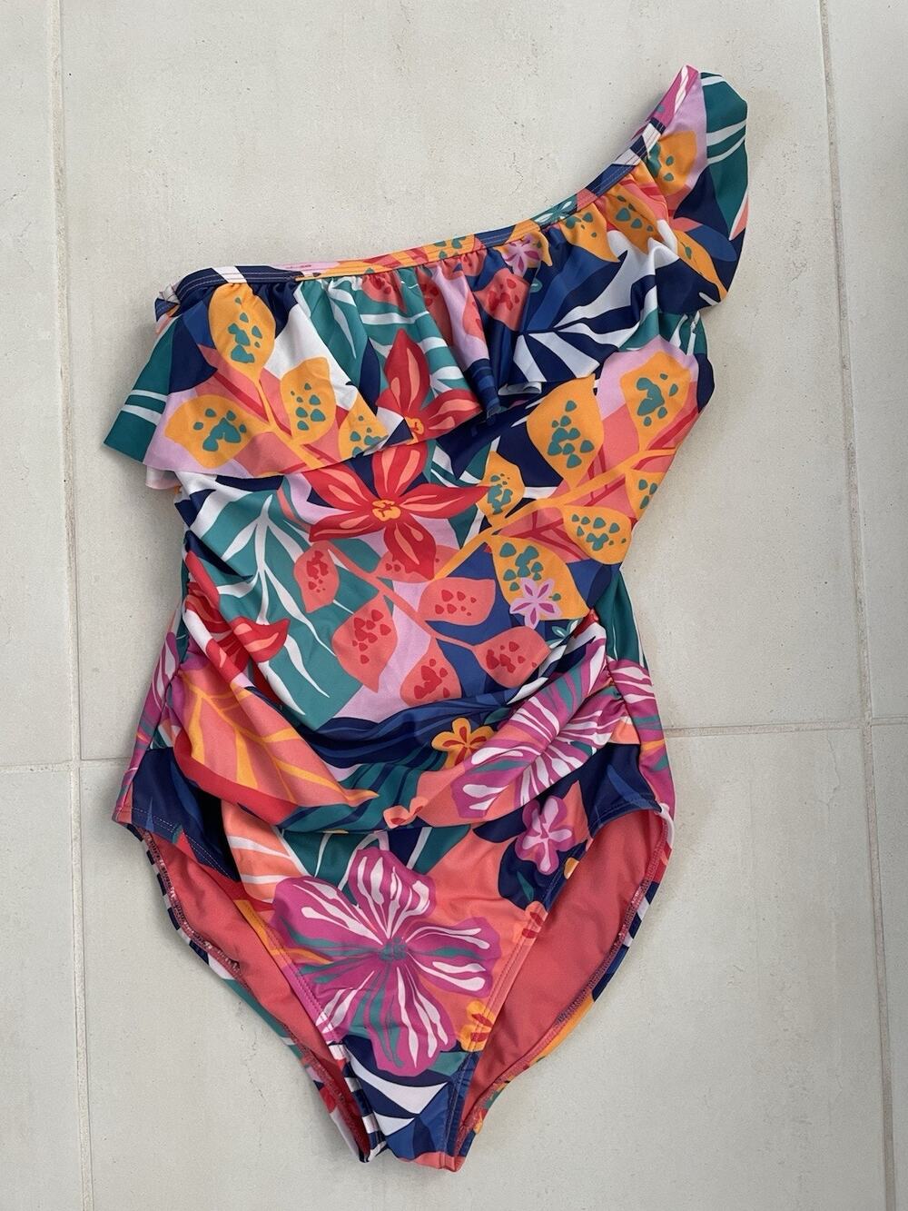Kathy Ireland Swim One Piece Swimsuit Floral One Shoulder Swimwear